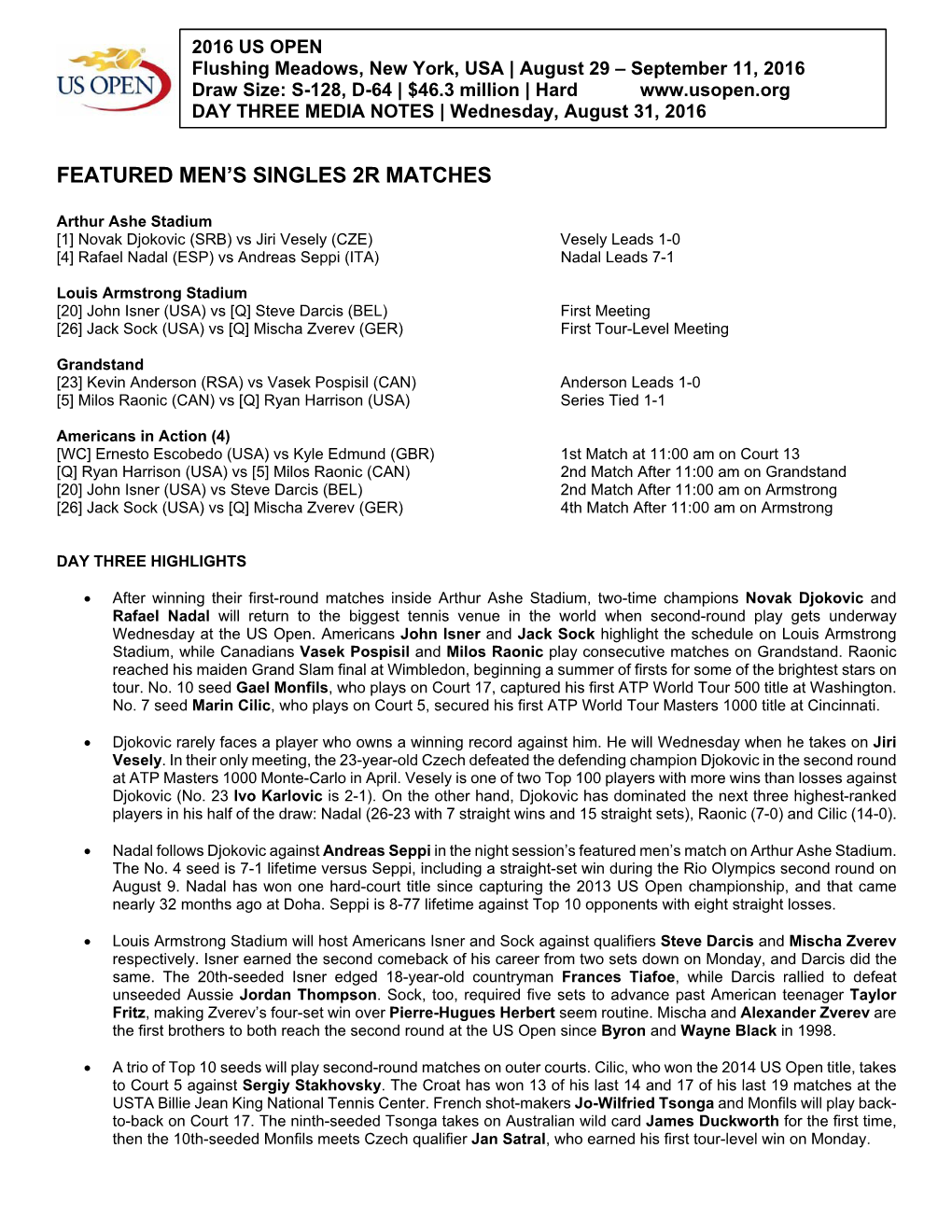 Featured Men's Singles 2R Matches