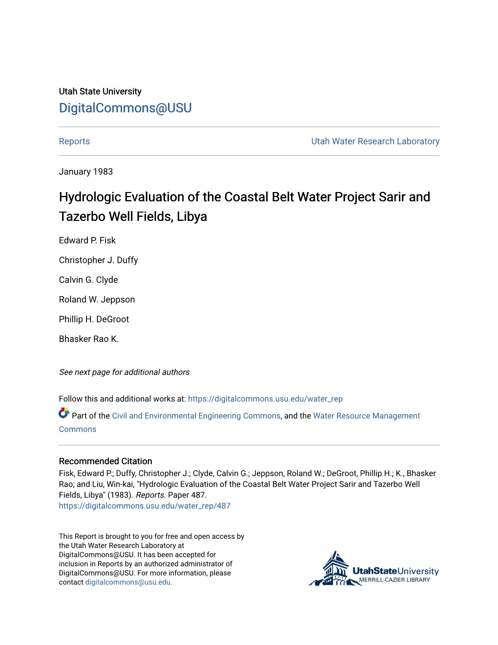 Hydrologic Evaluation of the Coastal Belt Water Project Sarir and Tazerbo Well Fields, Libya