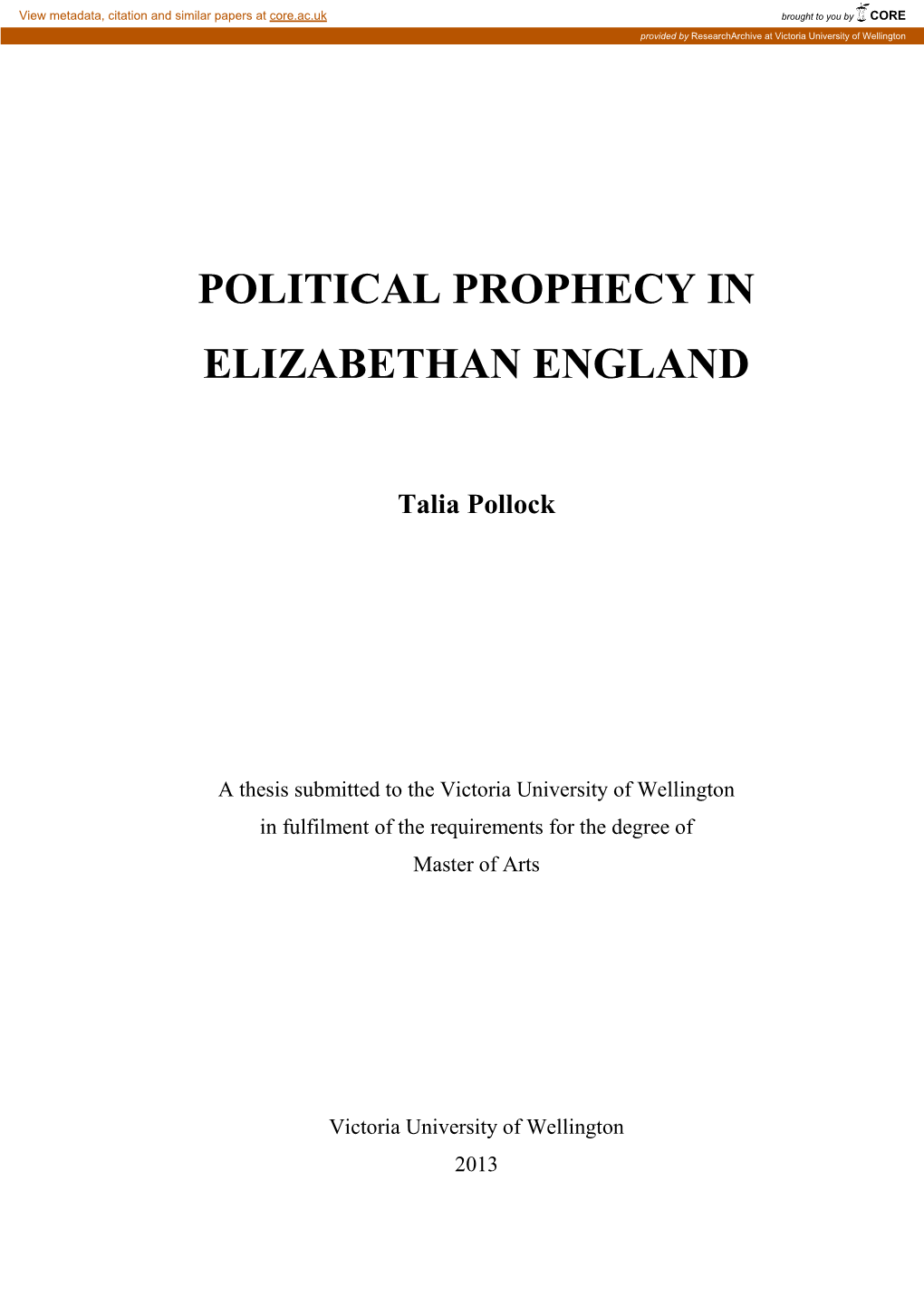 Political Prophecy in Elizabethan England