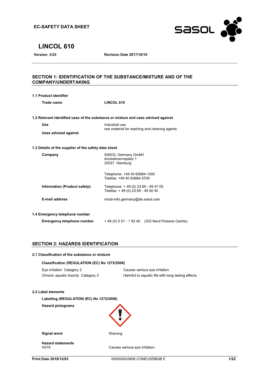 LINCOL 610 Version: 5.03 Revision Date 2017/10/10