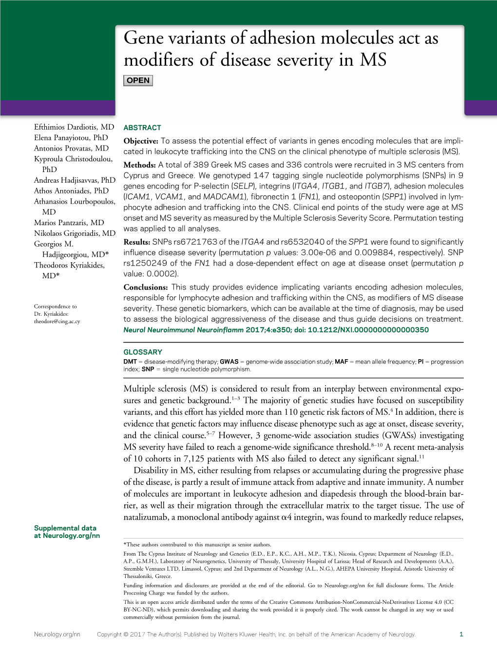 Gene Variants of Adhesion Molecules Act As Modifiers of Disease Severity in MS