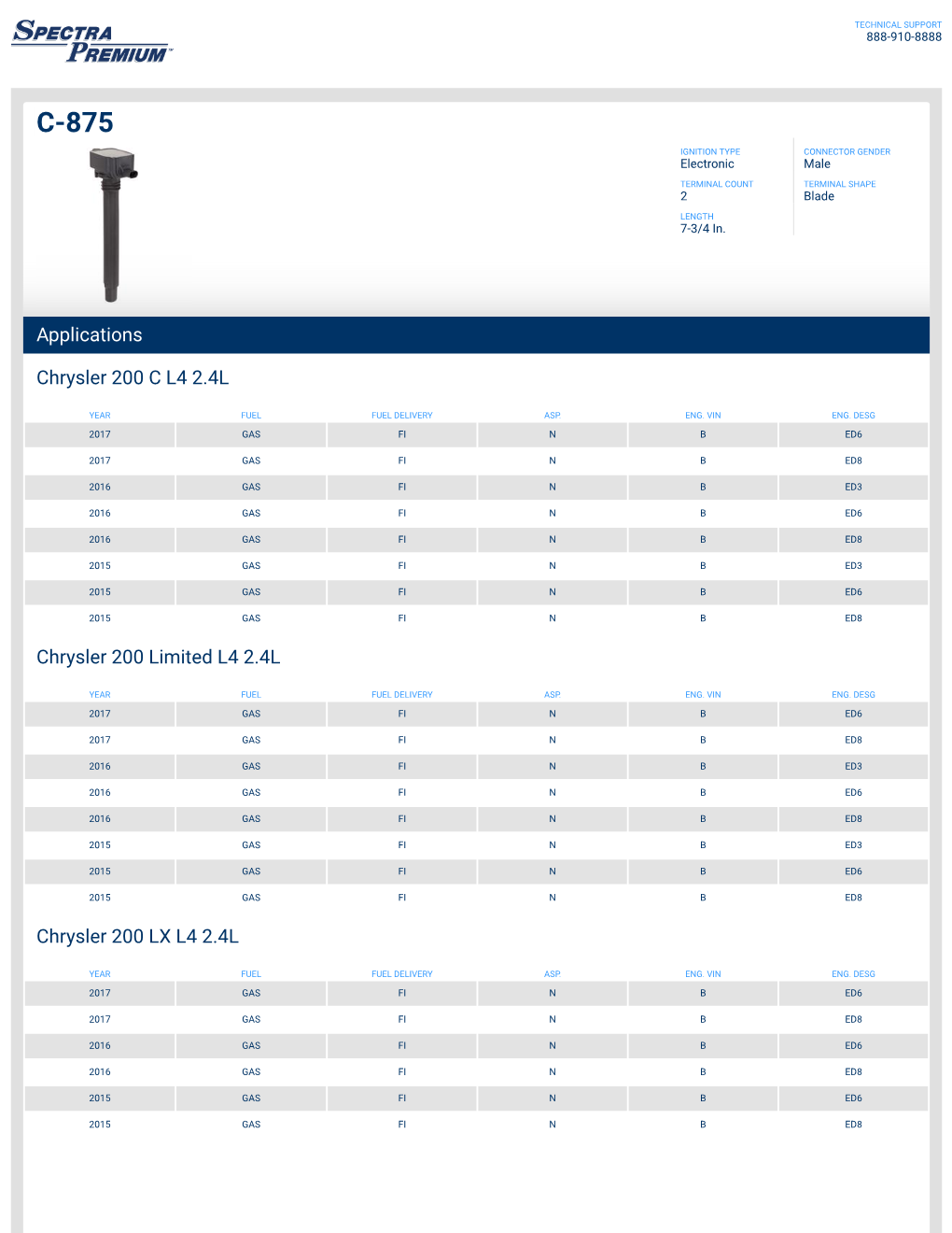 Applications Chrysler 200 C L4 2.4L Chrysler 200