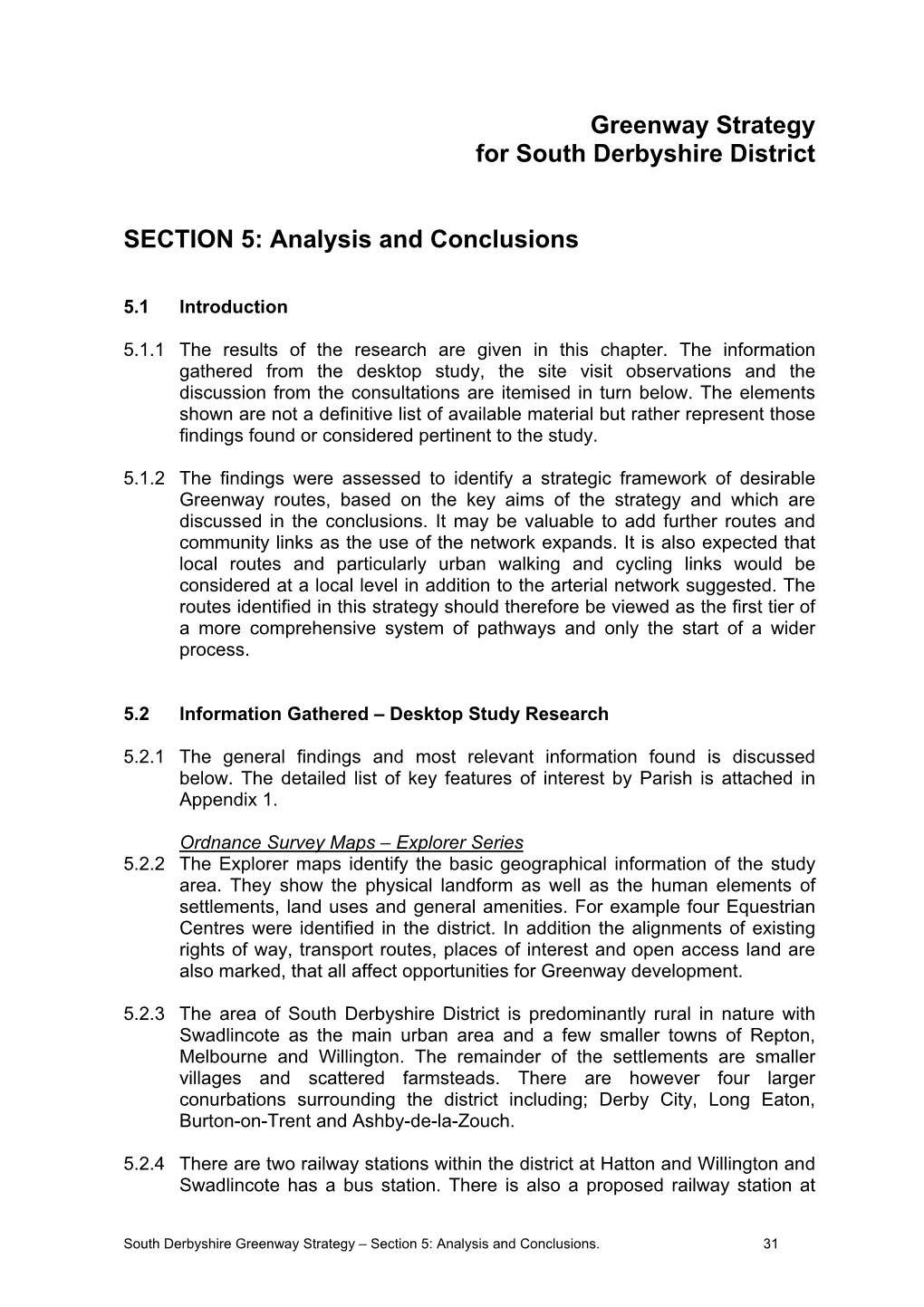 South Derbyshire Greenway Strategy – Section 5: Analysis and Conclusions