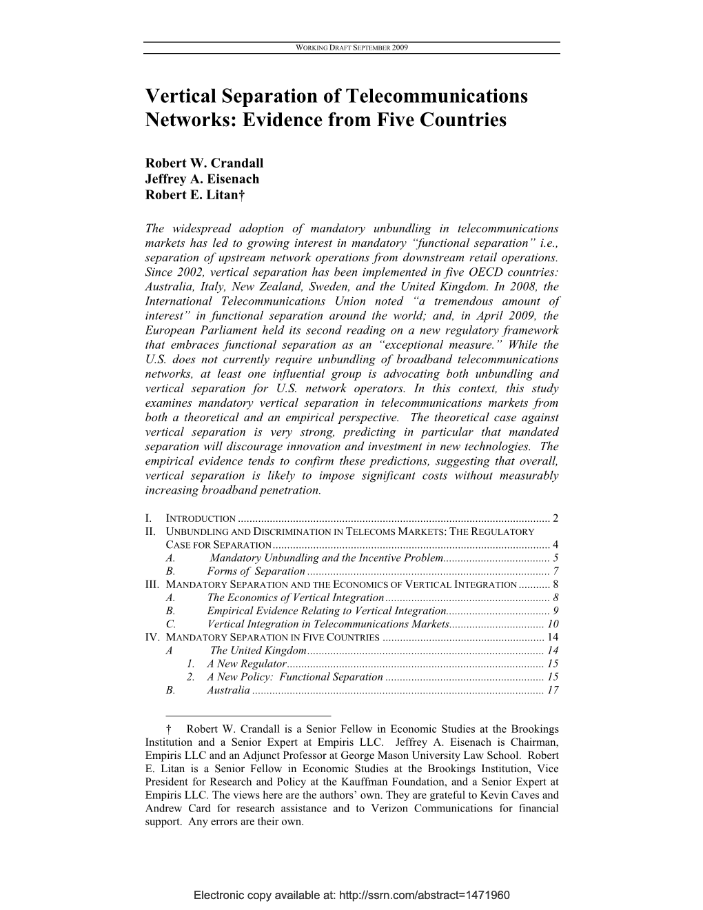 Vertical Separation of Telecommunications Networks: Evidence from Five Countries