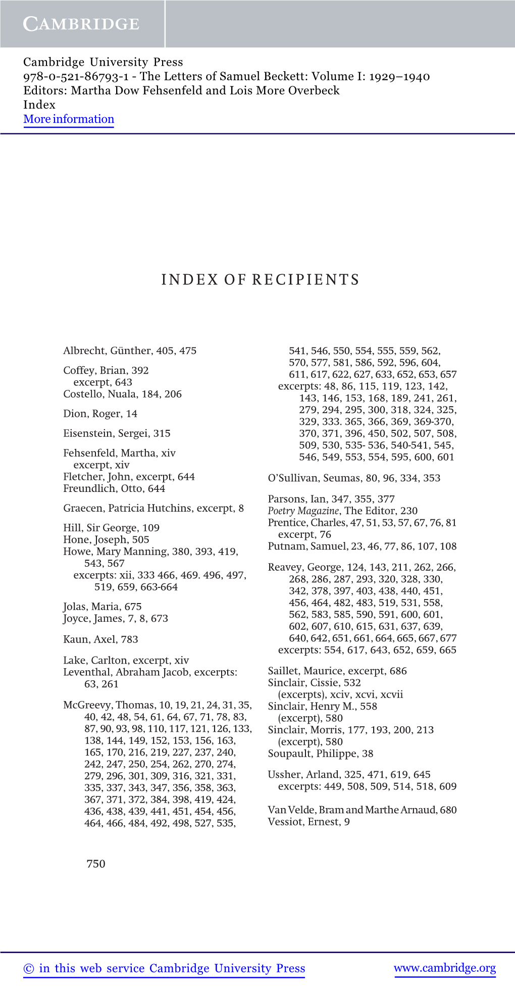 Index of Recipients