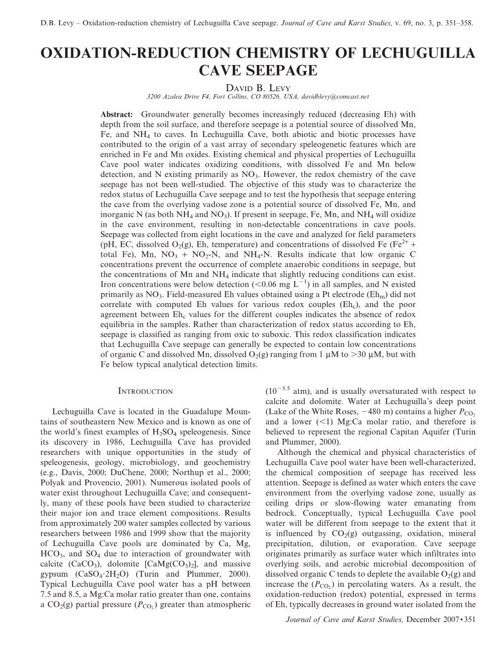 Oxidation-Reduction Chemistry of Lechuguilla Cave Seepage