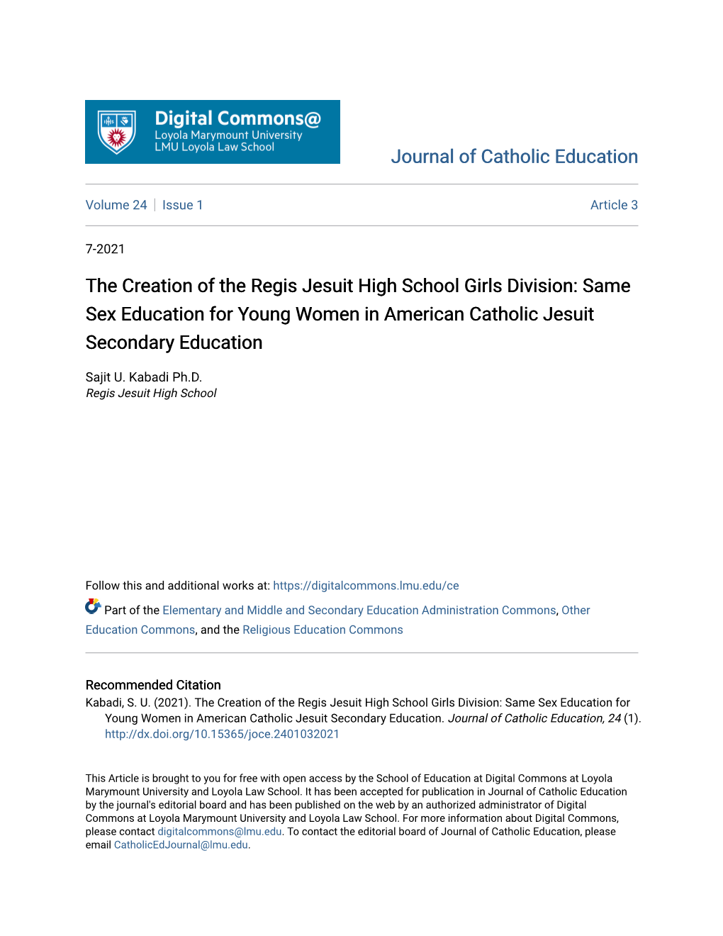 The Creation of the Regis Jesuit High School Girls Division: Same Sex Education for Young Women in American Catholic Jesuit Secondary Education