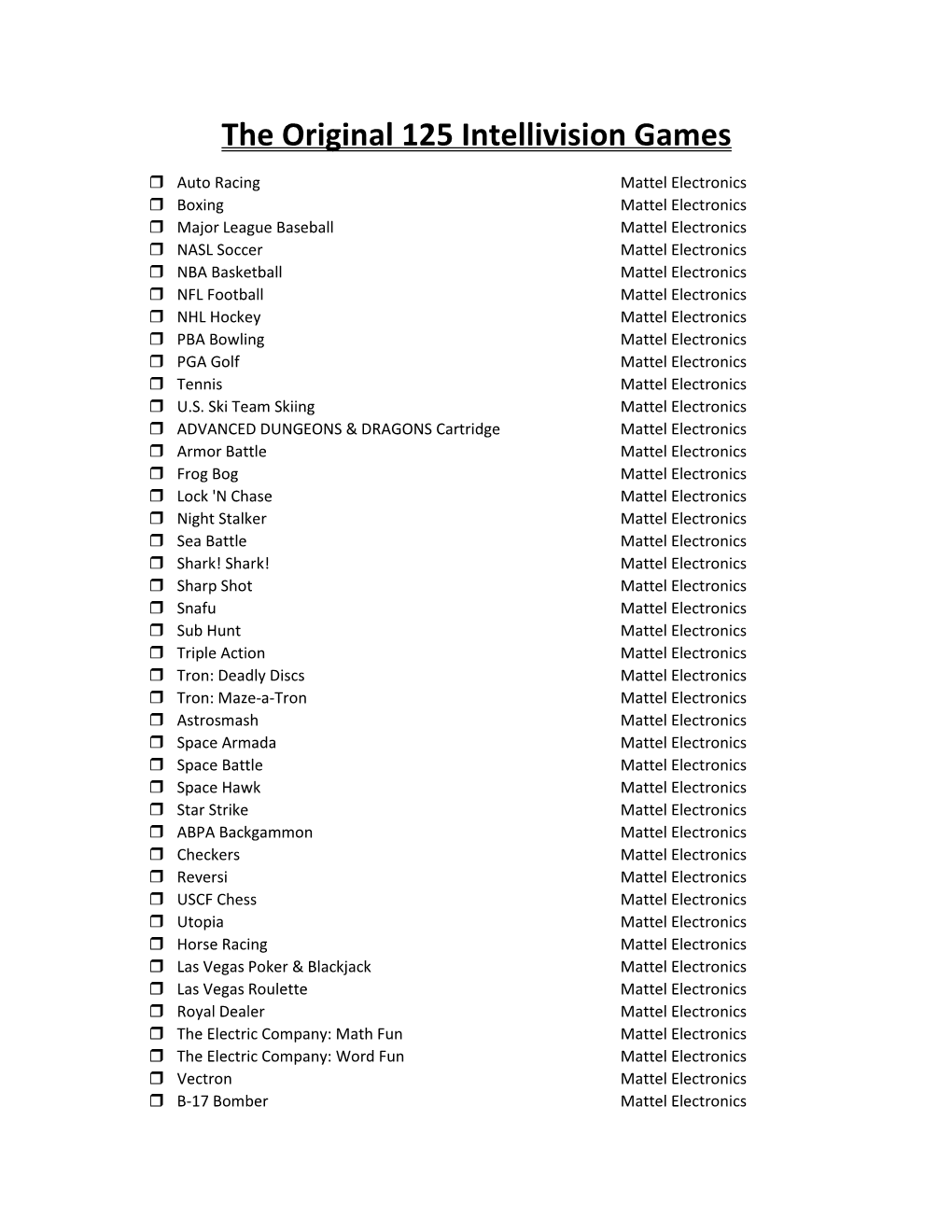 The Original 125 Intellivision Games