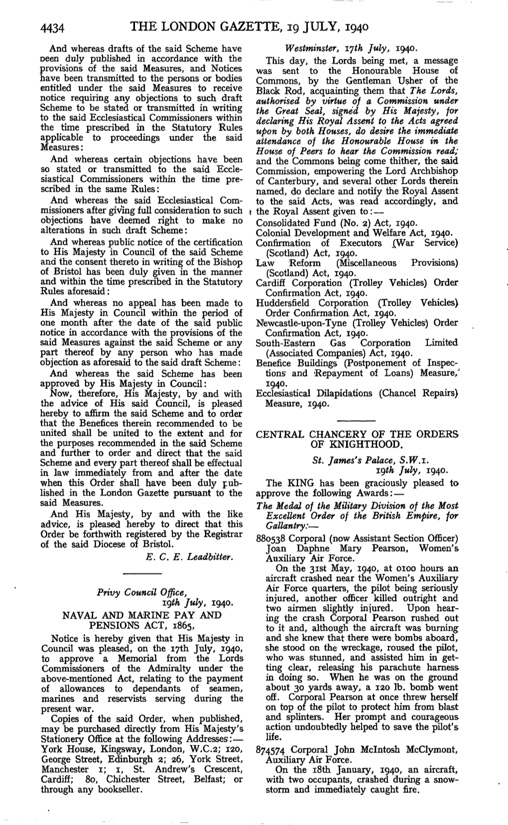 THE LONDON GAZETTE, 19 JULY, 1940 and Whereas Drafts of the Said Scheme Have Westminster, Ijth July, 1940