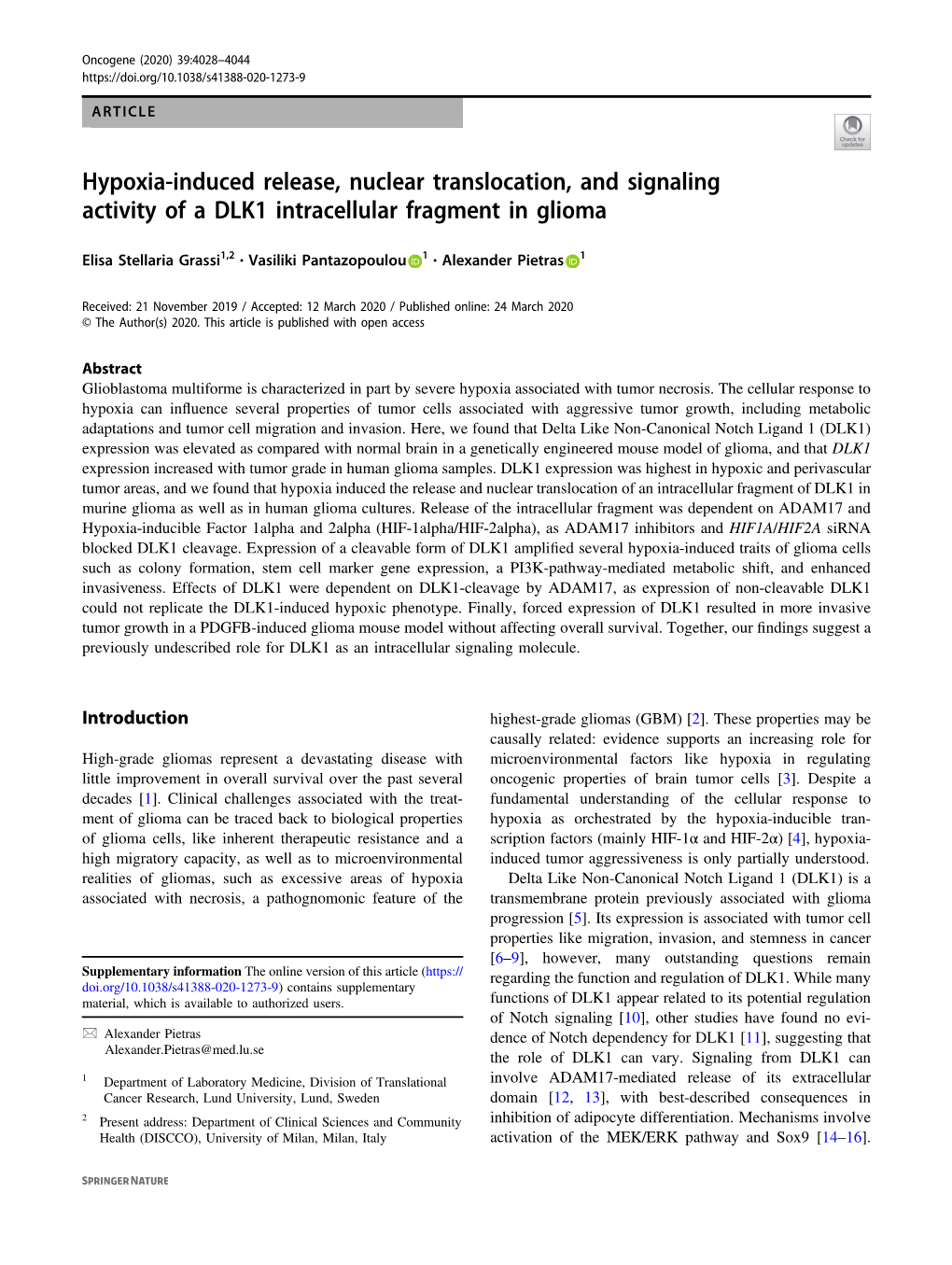 Hypoxia-Induced Release, Nuclear Translocation, and Signaling Activity of a DLK1 Intracellular Fragment in Glioma