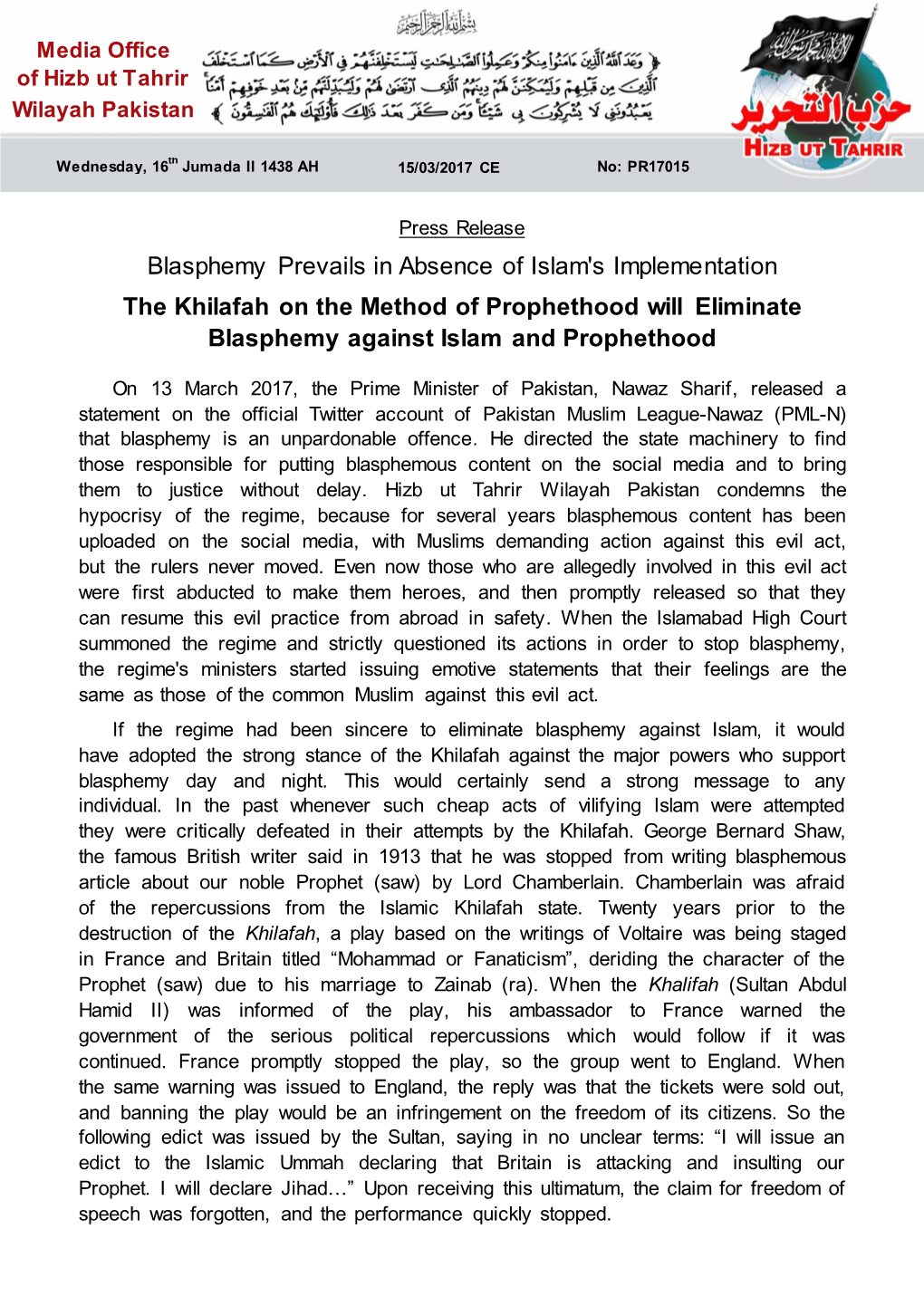 Blasphemy Prevails in Absence of Islam's Implementation the Khilafah on the Method of Prophethood Will Eliminate Blasphemy Against Islam and Prophethood