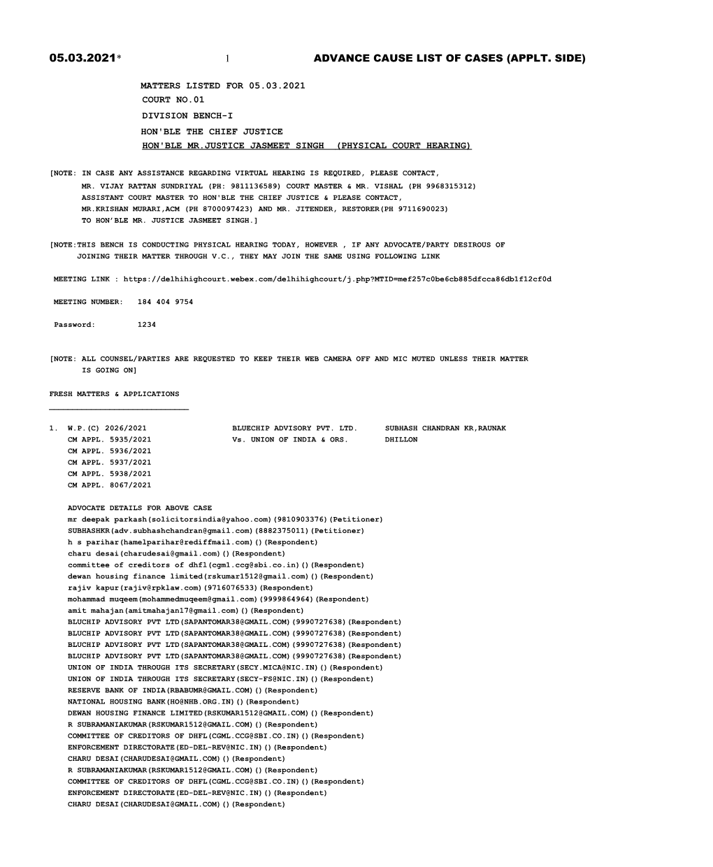 05.03.2021* 1 Advance Cause List of Cases (Applt