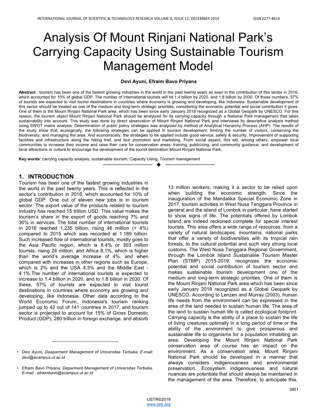 Analysis of Mount Rinjani National Park's Carrying Capacity Using Sustainable Tourism Management Model