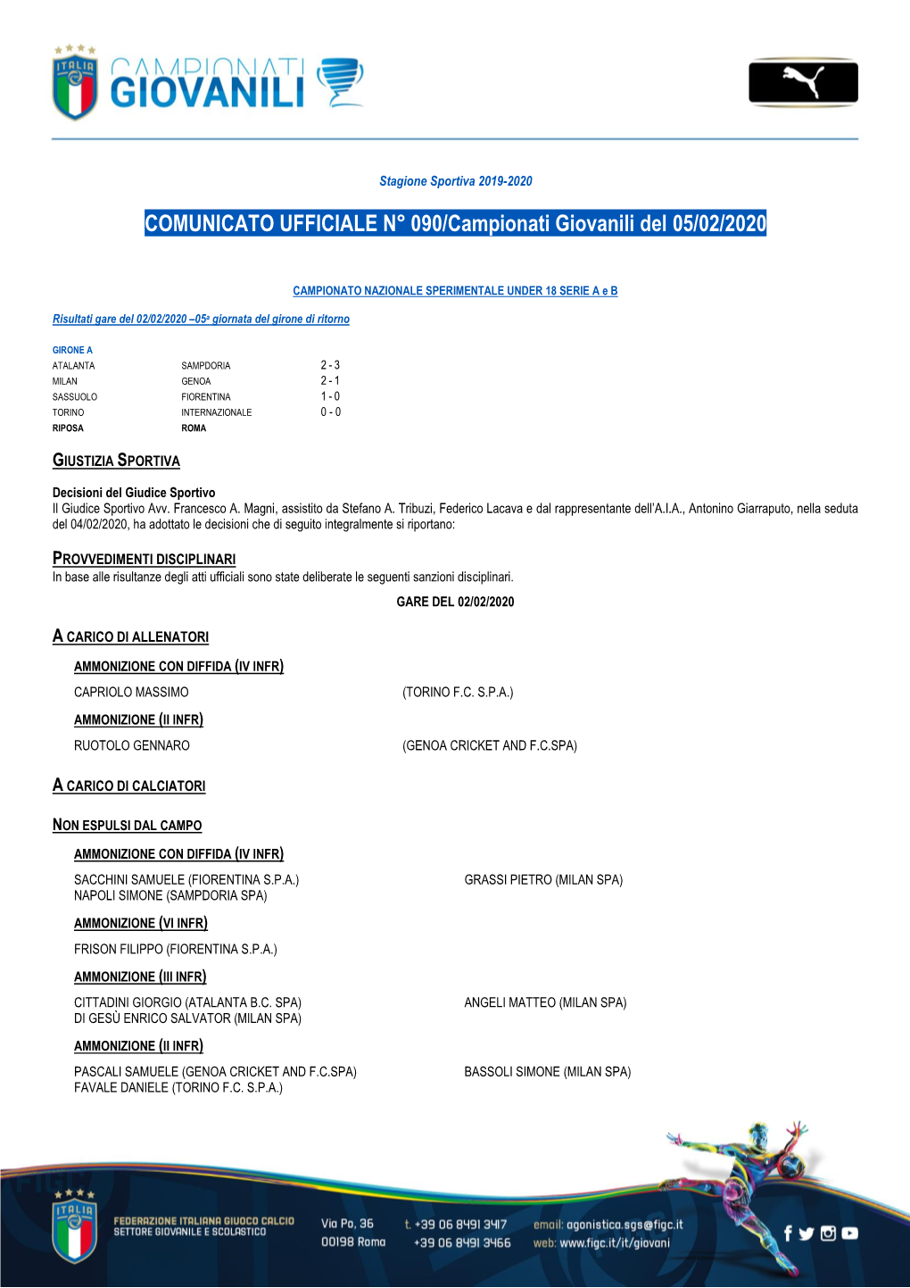 COMUNICATO UFFICIALE N° 090/Campionati Giovanili Del 05/02/2020