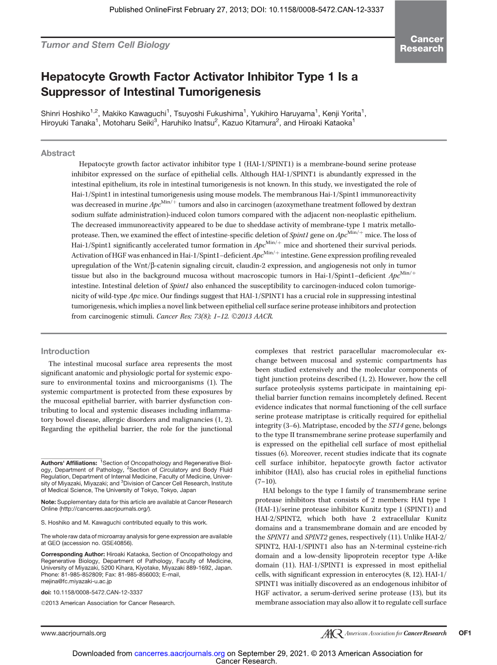 Hepatocyte Growth Factor Activator Inhibitor Type 1 Is a Suppressor of Intestinal Tumorigenesis