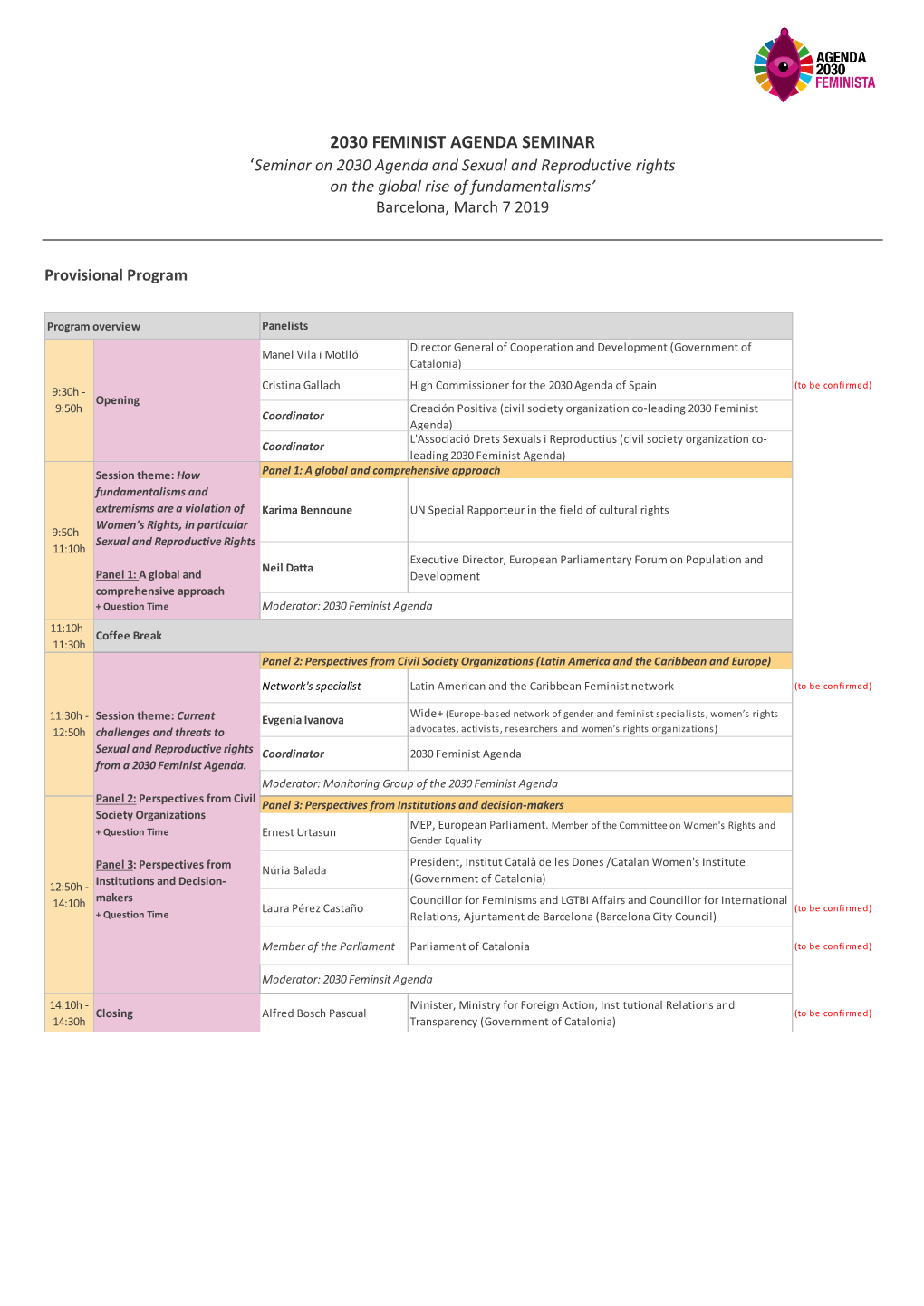 2030 FEMINIST AGENDA SEMINAR ‘Seminar on 2030 Agenda and Sexual and Reproductive Rights on the Global Rise of Fundamentalisms’ Barcelona, March 7 2019