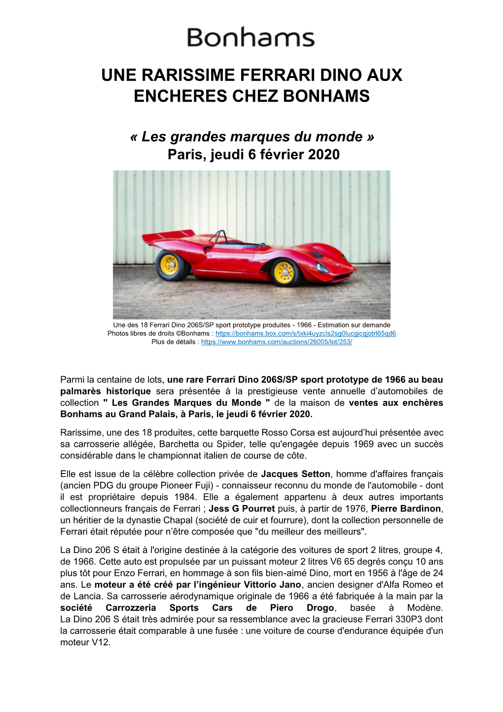 Une Rarissime Ferrari Dino Aux Encheres Chez Bonhams