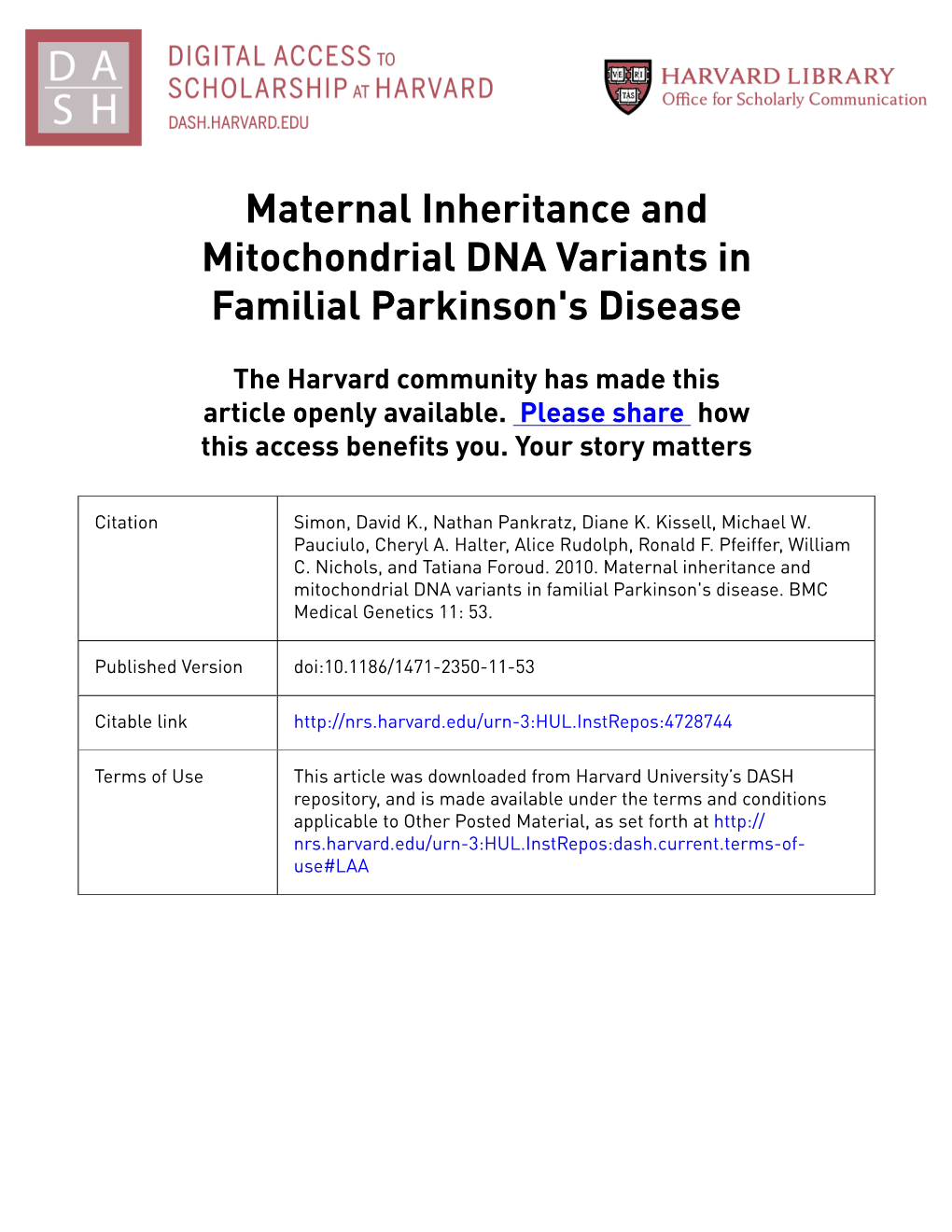 Maternal Inheritance and Mitochondrial DNA Variants in Familial Parkinson's Disease