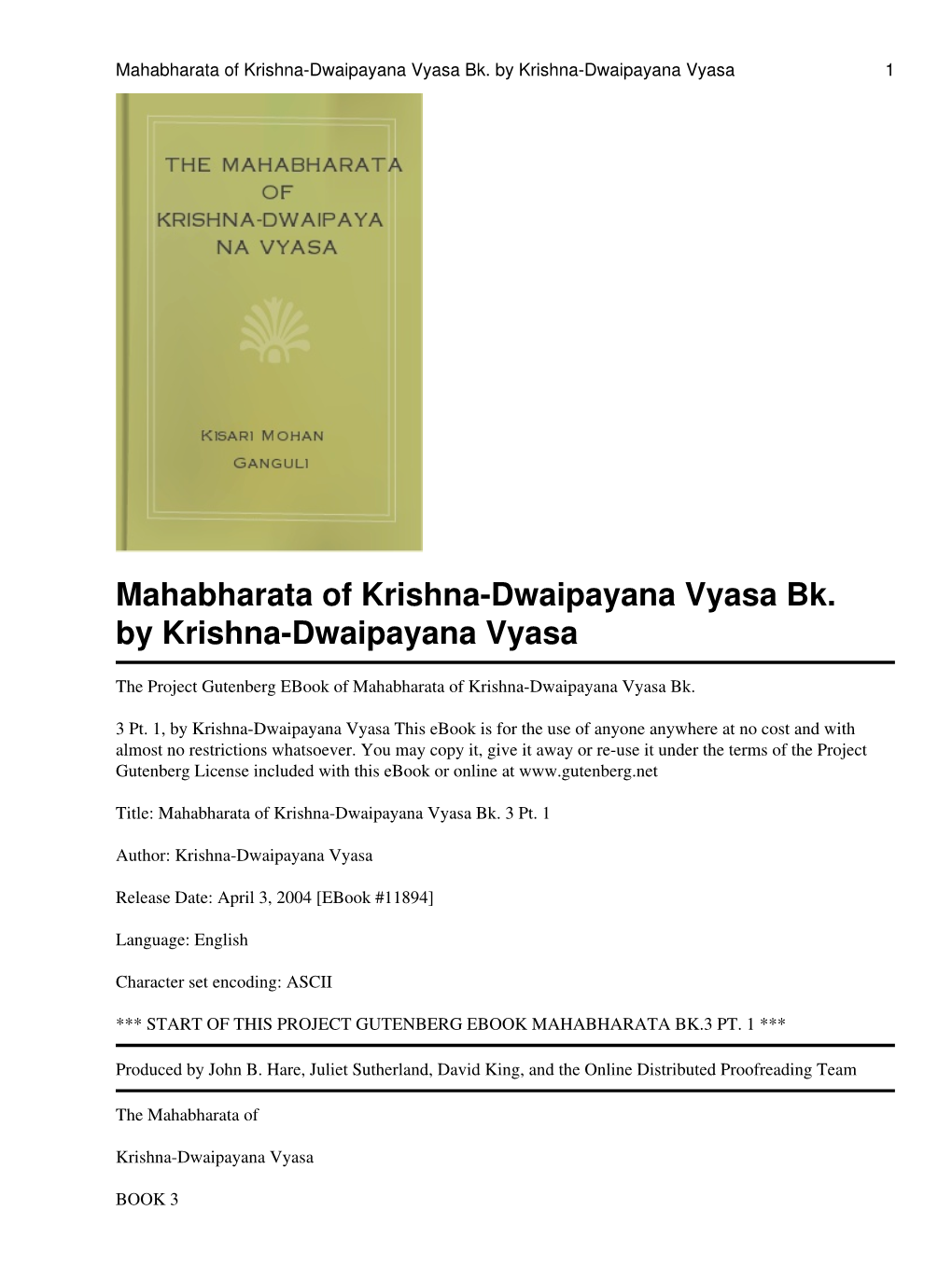 The Mahabharata of Krishna-Dwaipayana Vyasa Bk