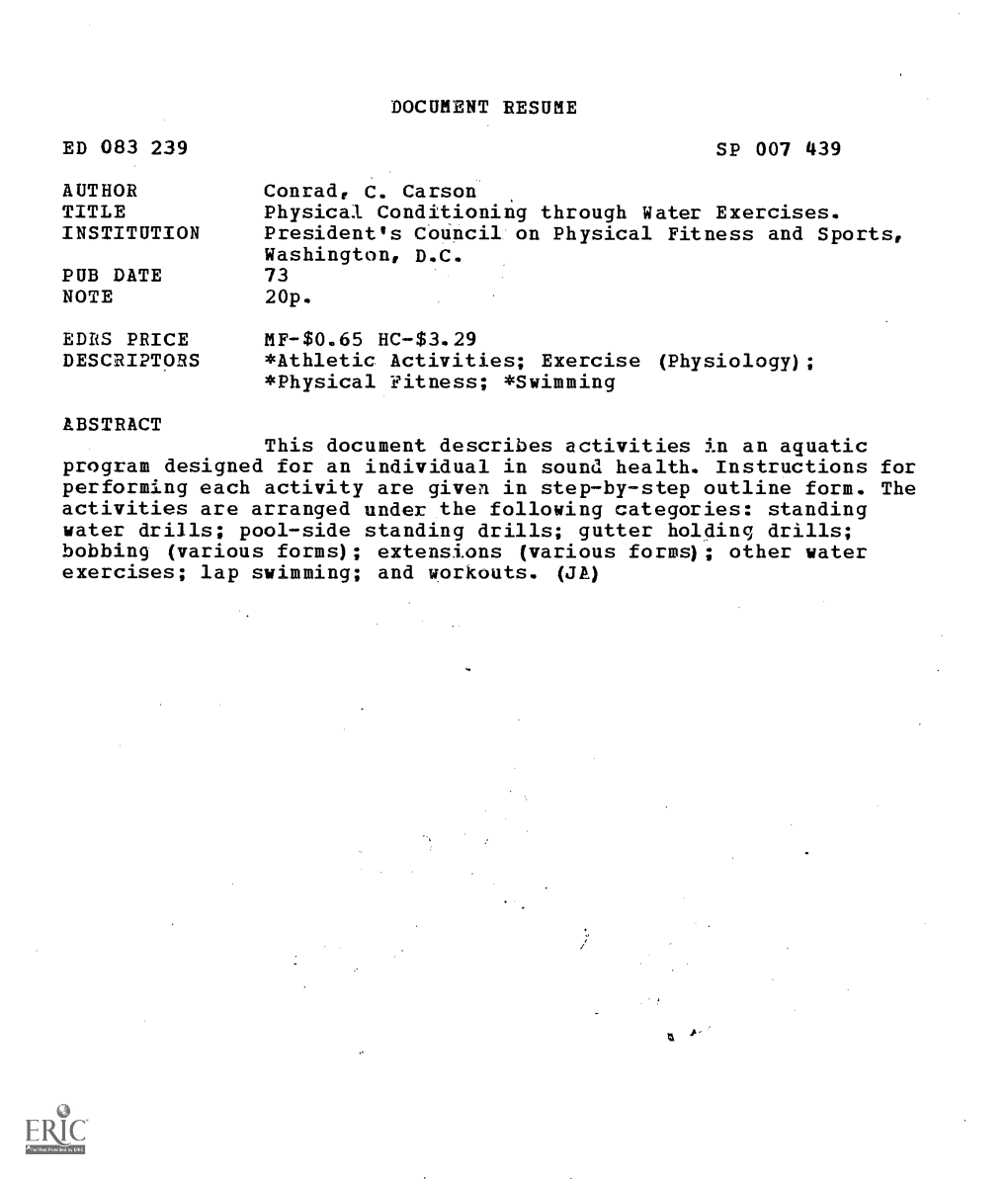 Physical Conditioning Through Water Exercises. INSTITUTION President's Council on Physical Fitness and Sports, Washington, D.C