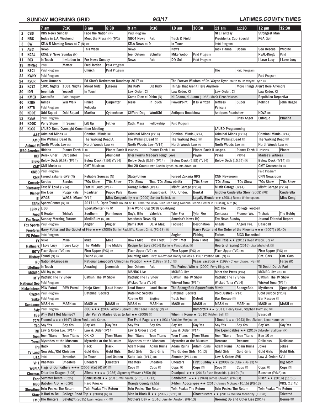 Sunday Morning Grid 9/3/17 Latimes.Com/Tv Times