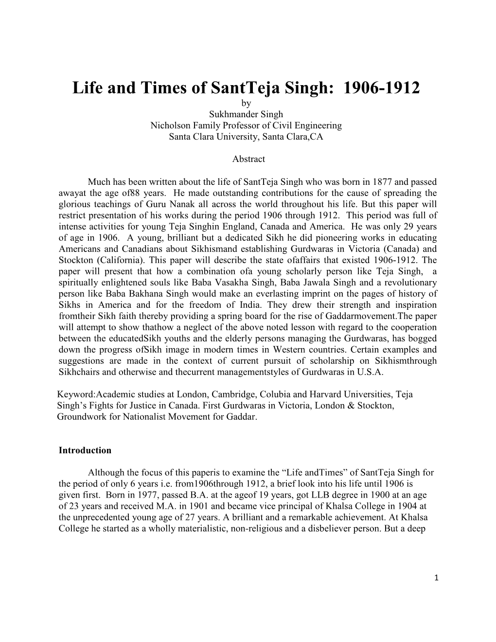 Life and Times of Sant Teja Singh, 1906-1912