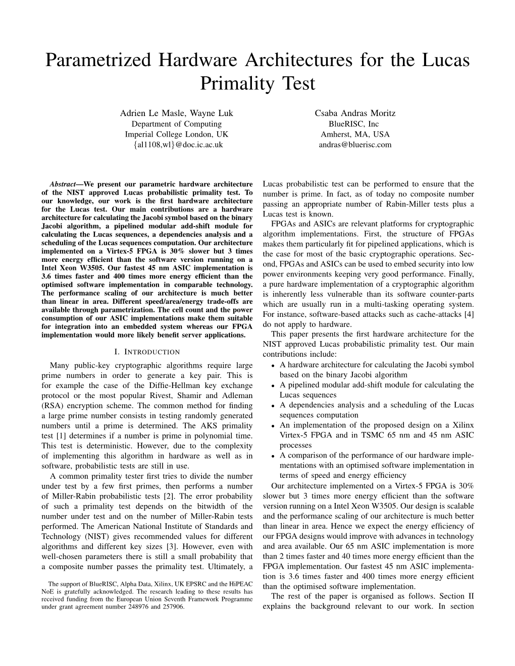 Parametrized Hardware Architectures for the Lucas Primality Test