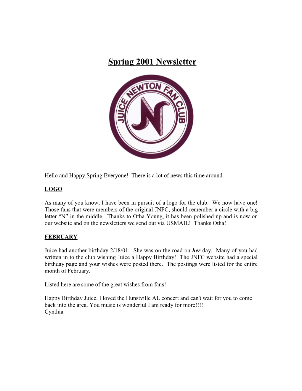 Juice Newton Fanclub Spring 2001 Newsletter