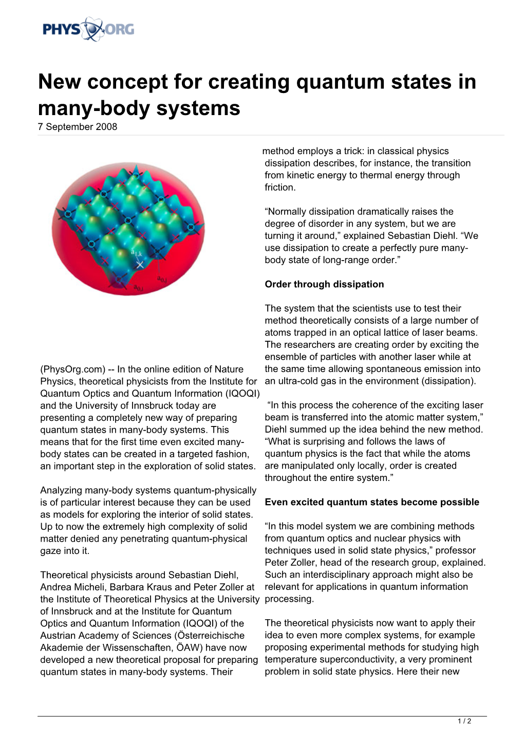 New Concept for Creating Quantum States in Many-Body Systems 7 September 2008