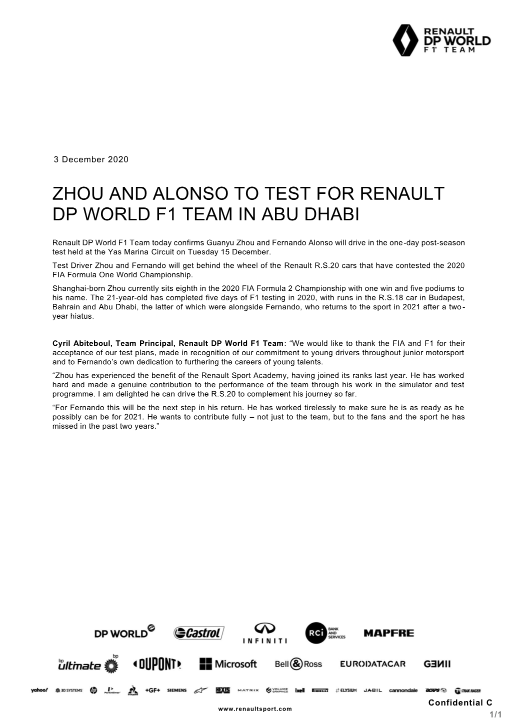 Zhou and Alonso to Test for Renault Dp World F1 Team in Abu Dhabi