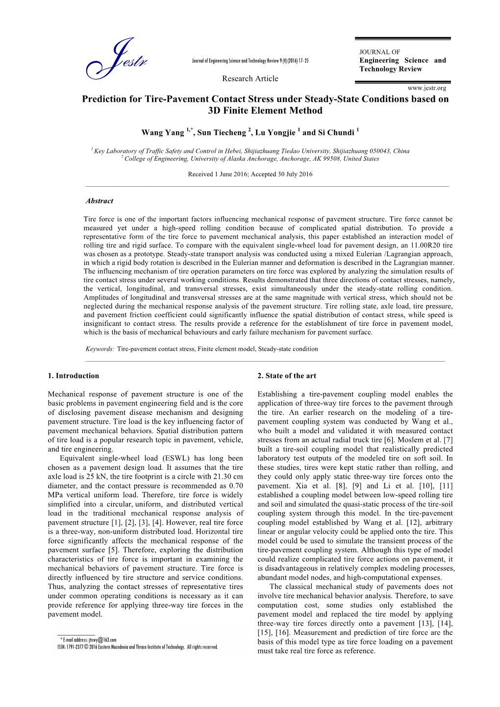 Prediction for Tire-Pavement Contact Stress Under Steady-State Conditions Based on 3D Finite Element Method