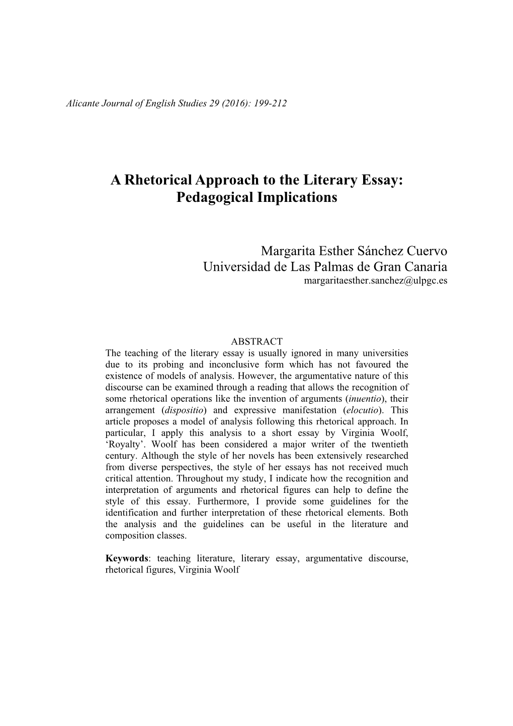 A Rhetorical Approach to the Literary Essay: Pedagogical Implications