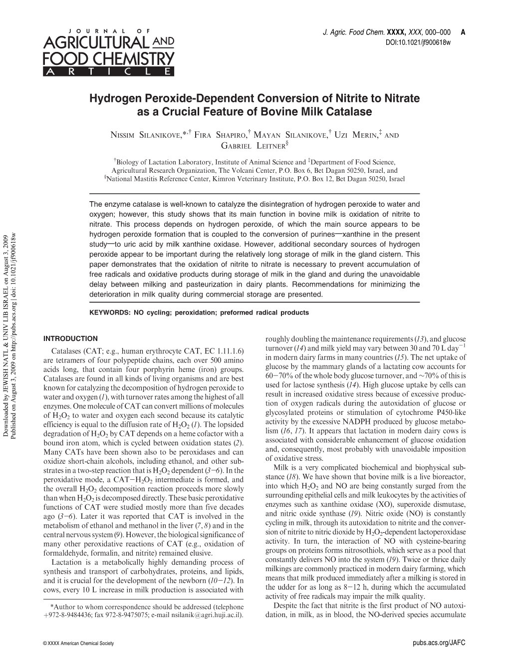 Hydrogen Peroxide-Dependent Conversion of Nitrite to Nitrate As a Crucial Feature of Bovine Milk Catalase