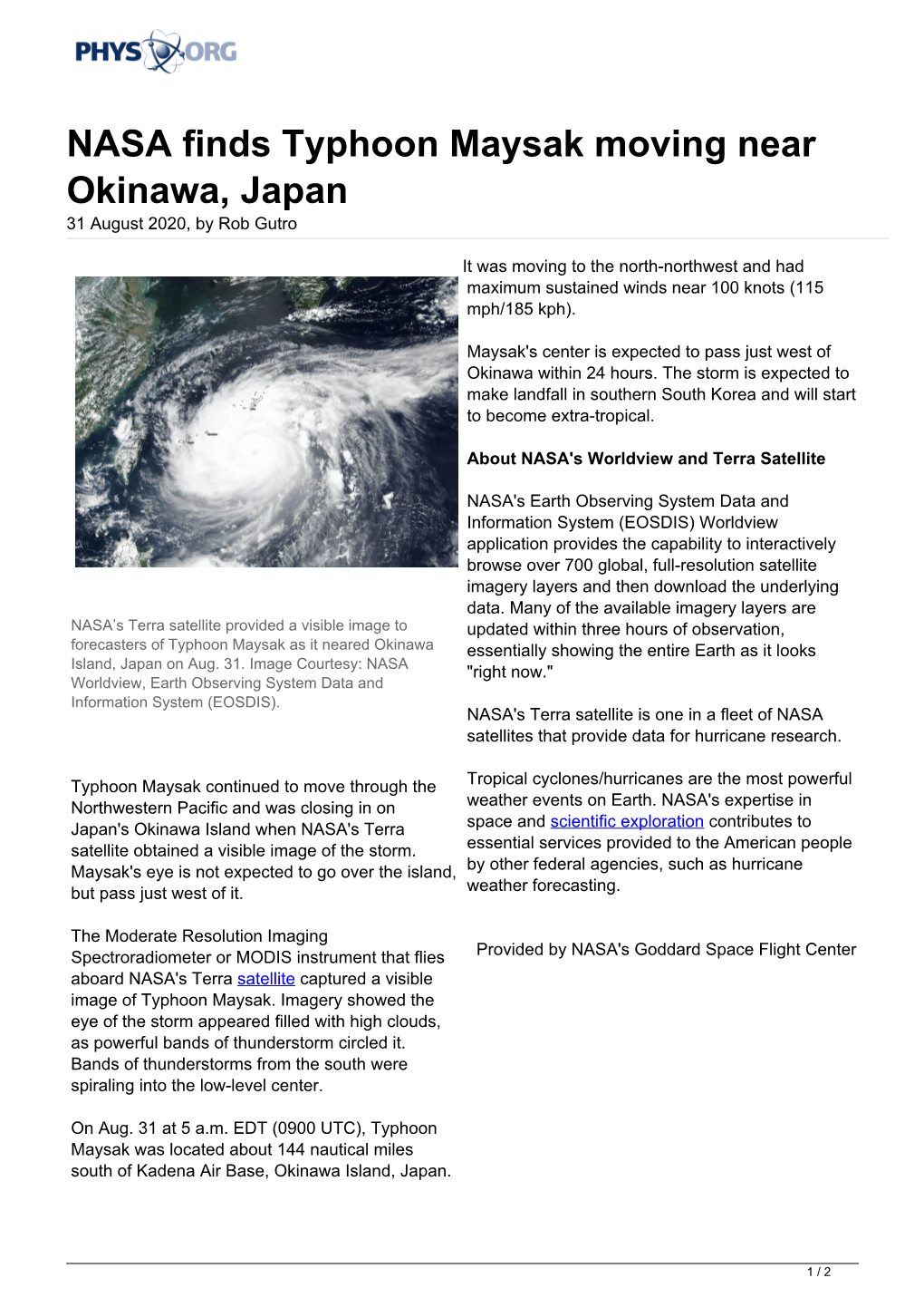 NASA Finds Typhoon Maysak Moving Near Okinawa, Japan 31 August 2020, by Rob Gutro