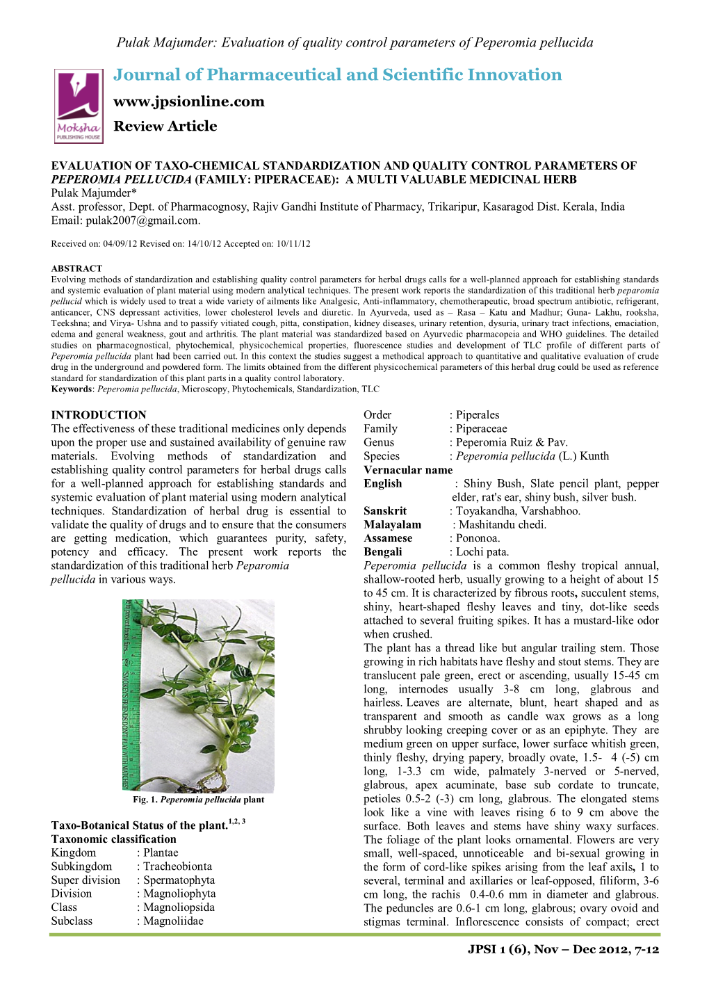 Evaluation of Quality Control Parameters of Peperomia Pellucida