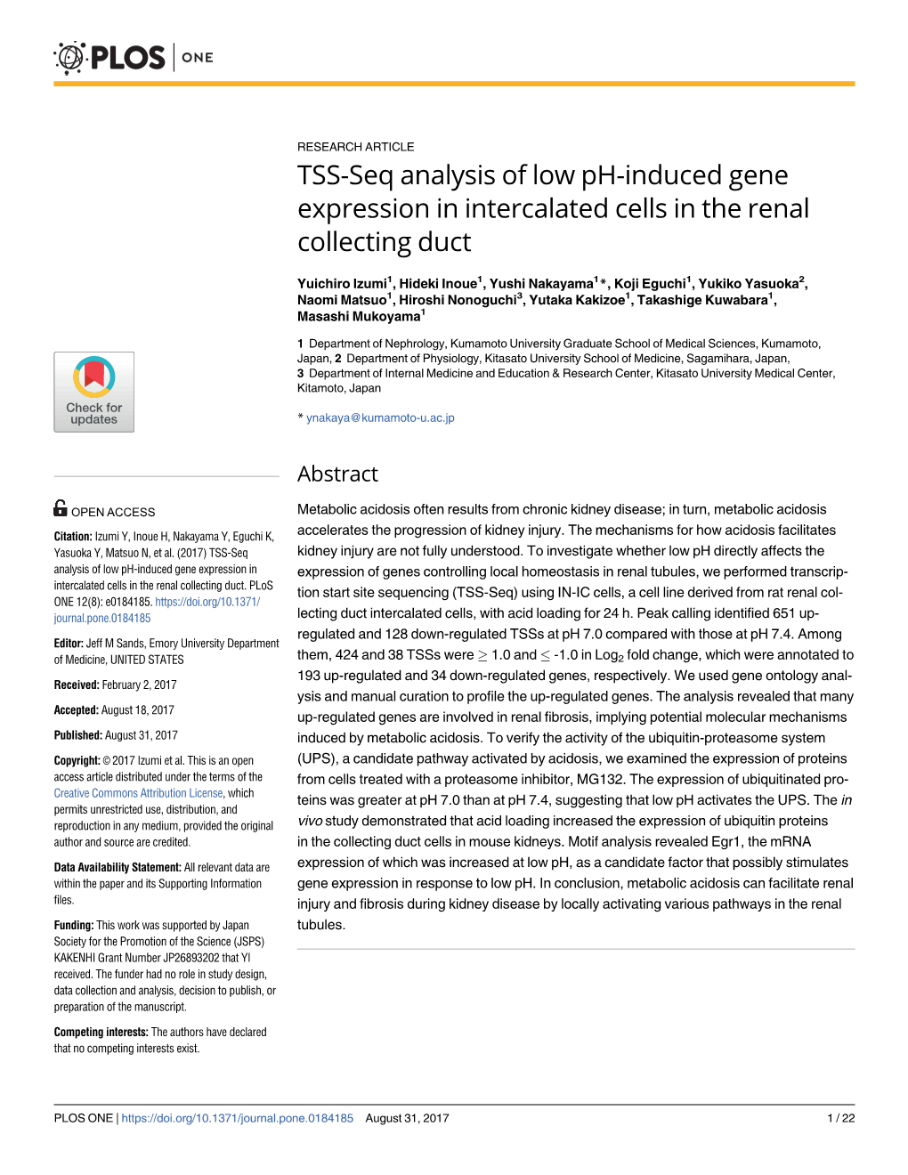 TSS-Seq Analysis of Low Ph-Induced Gene Expression in Intercalated Cells in the Renal Collecting Duct