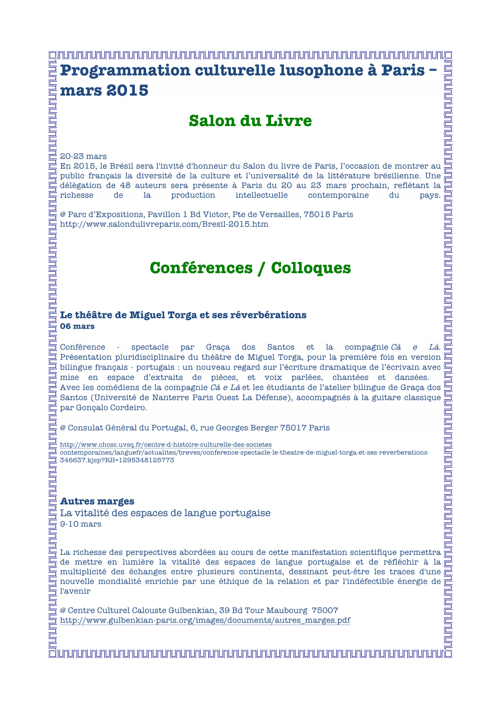 Programmation Culturelle Lusophone À Paris – Mars 2015 Salon Du Livre