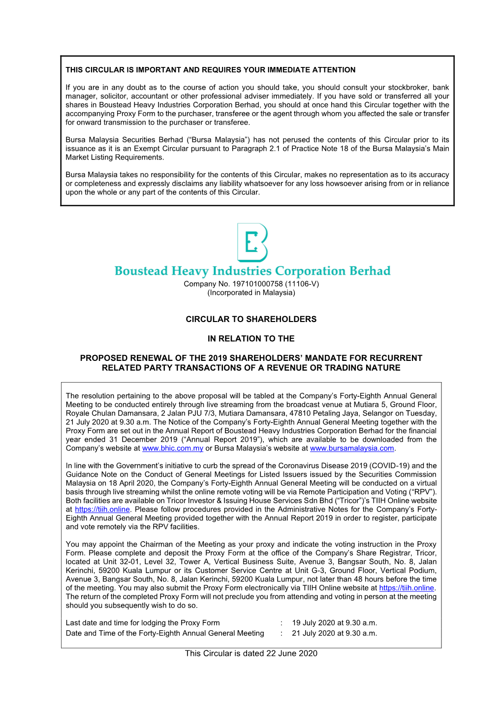 Circular to Shareholders in Relation to the Proposed