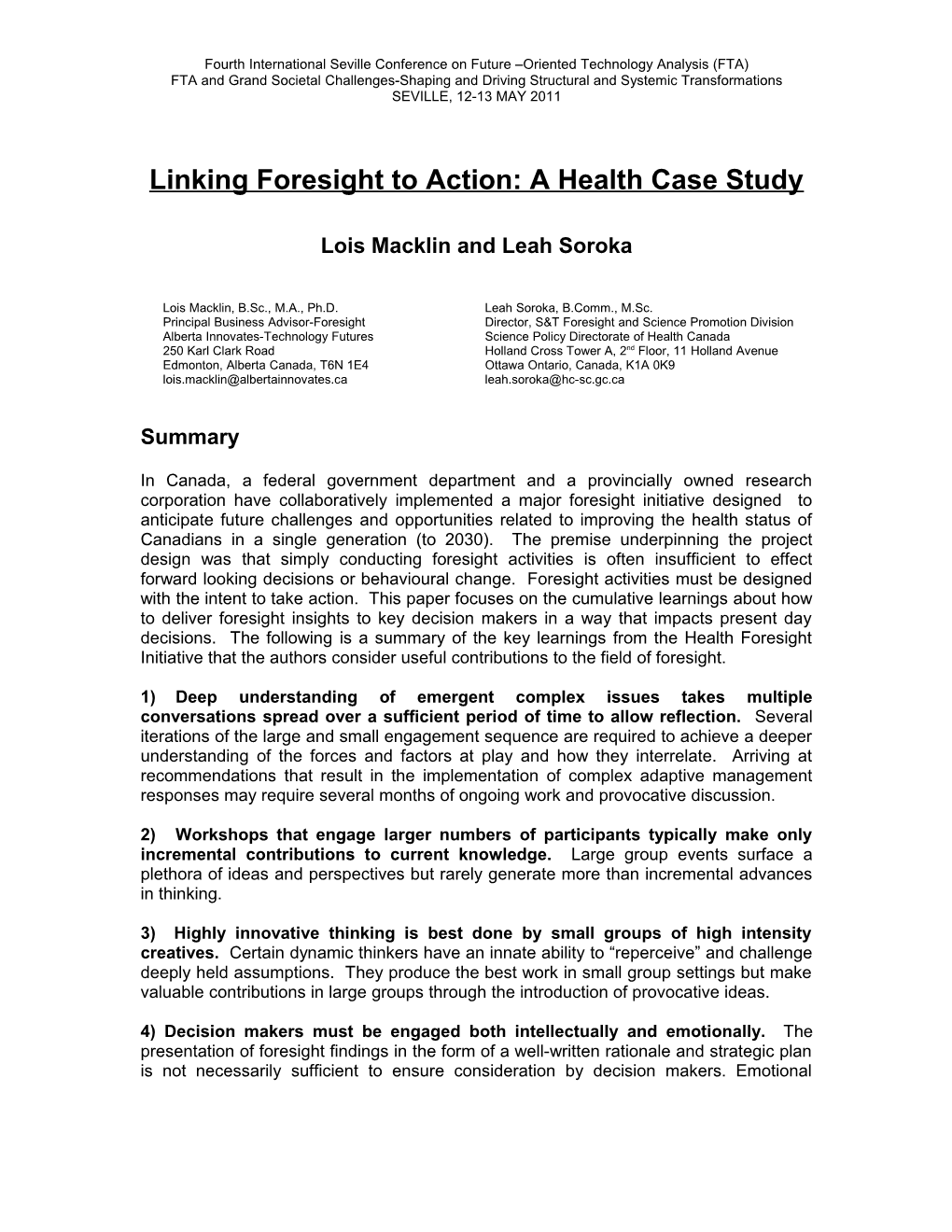 Linking Foresight to Action: a Health Case Study