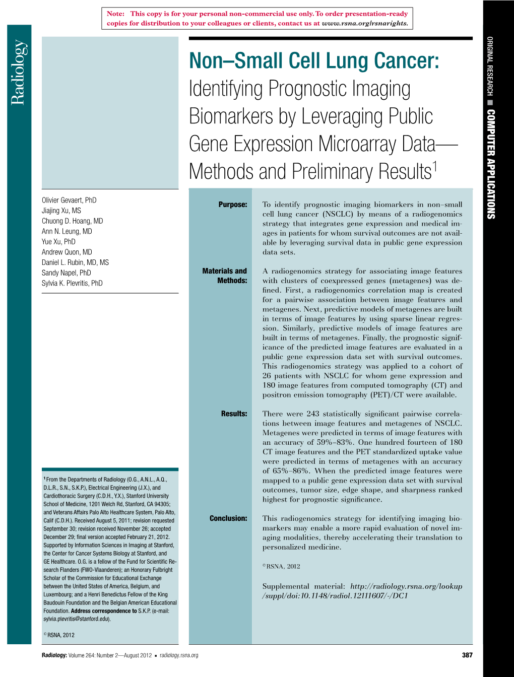 Non–Small Cell Lung Cancer: Identifying Prognostic Imaging Biomarkers By