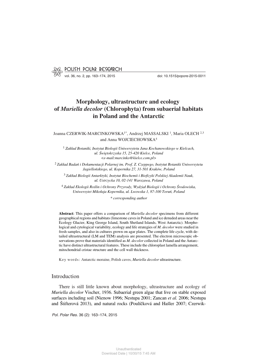 Morphology, Ultrastructure and Ecology of Muriella Decolor (Chlorophyta) from Subaerial Habitats in Poland and the Antarctic