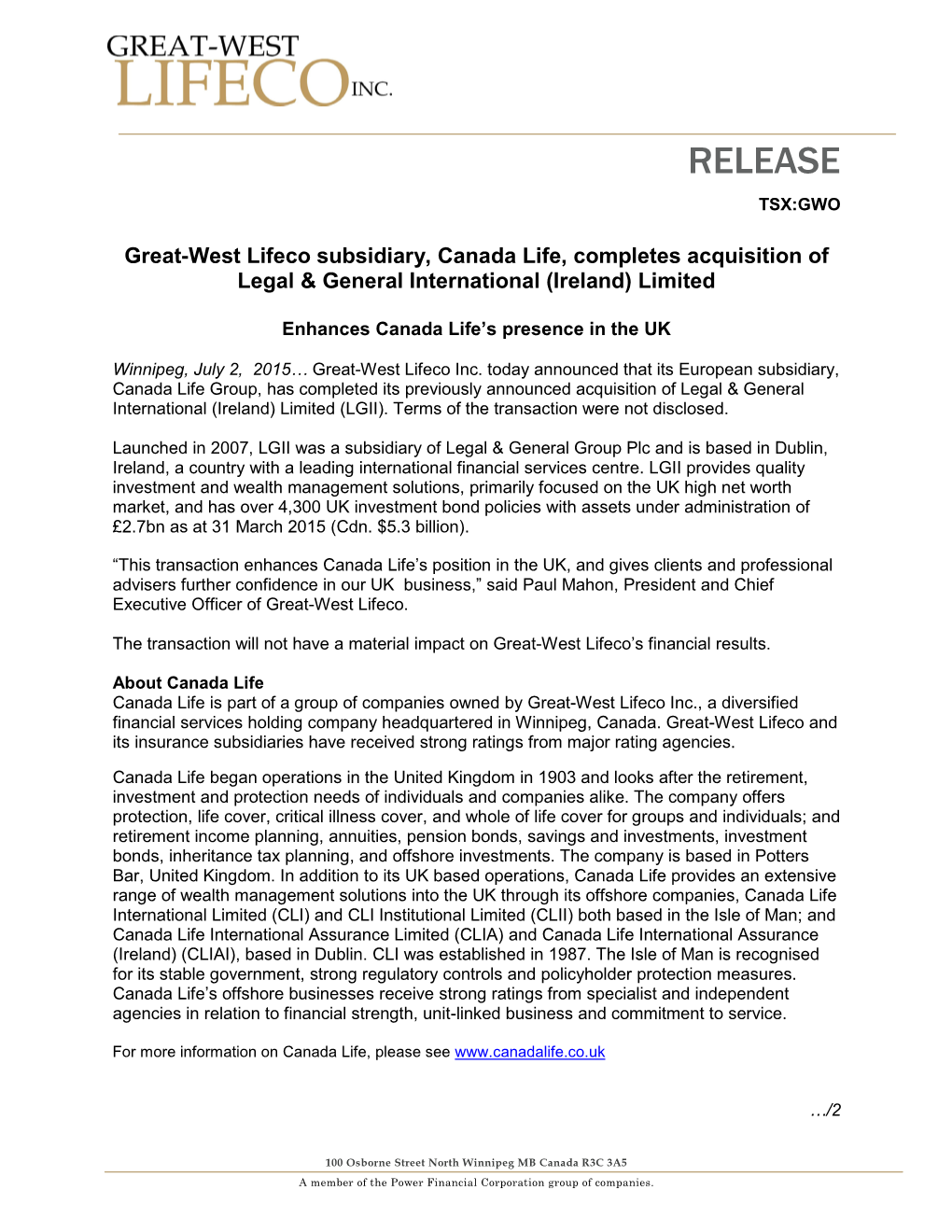 Great-West Lifeco Subsidiary, Canada Life, Completes Acquisition of Legal & General International (Ireland) Limited