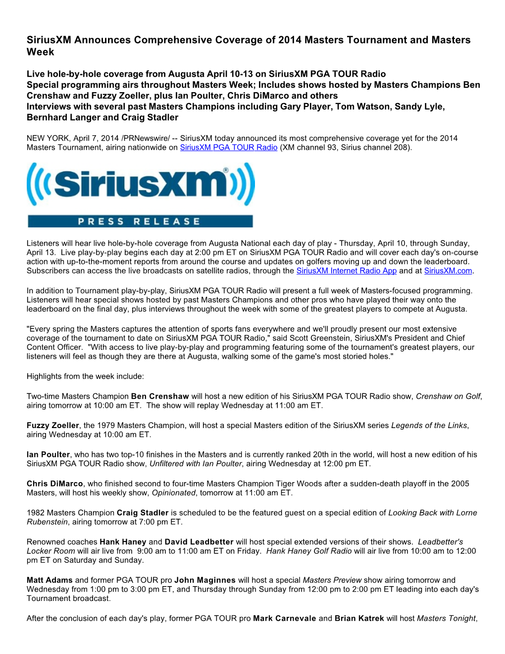 Siriusxm Announces Comprehensive Coverage of 2014 Masters Tournament and Masters Week