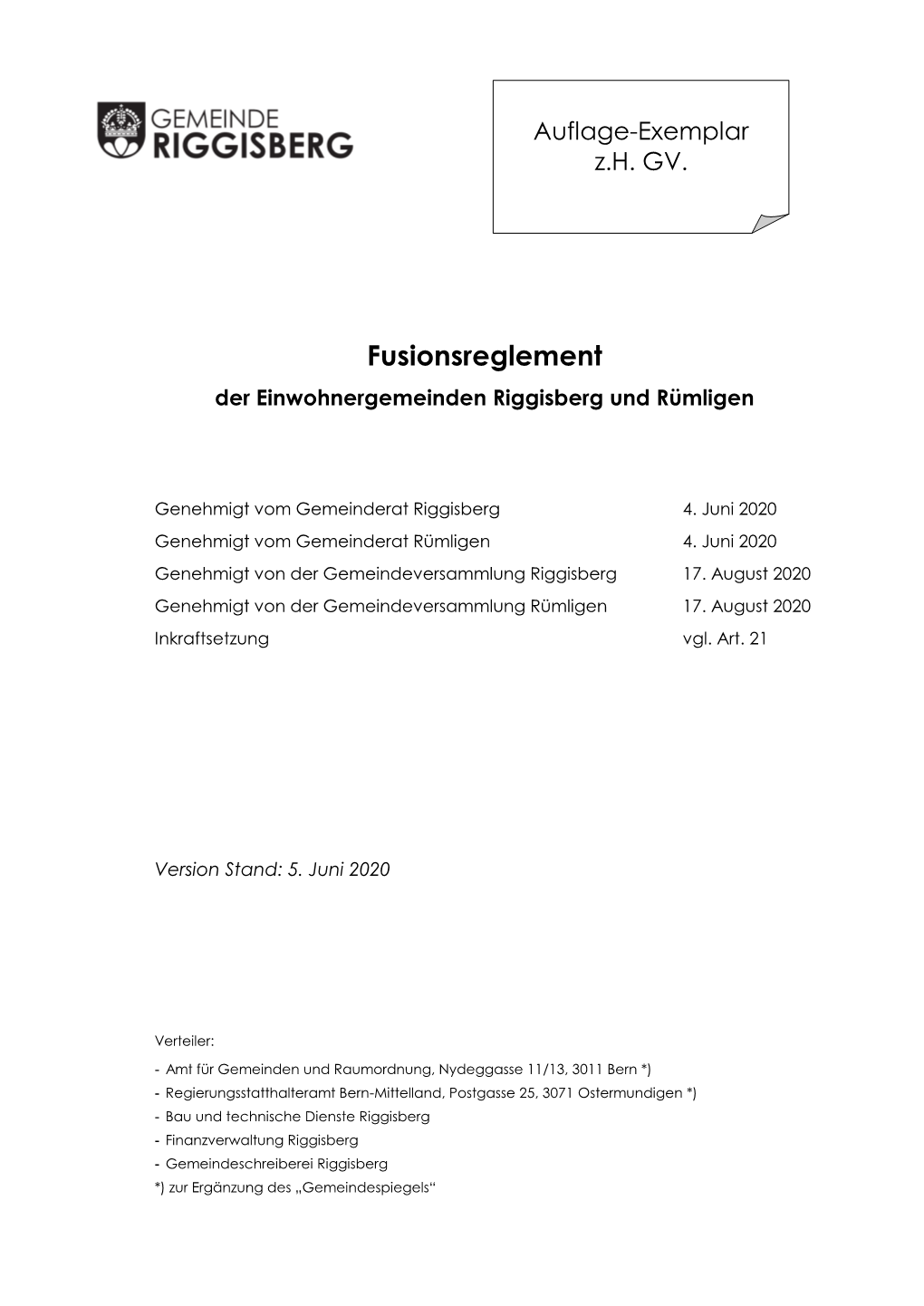 Fusionsreglement Der Einwohnergemeinden Riggisberg Und Rümligen