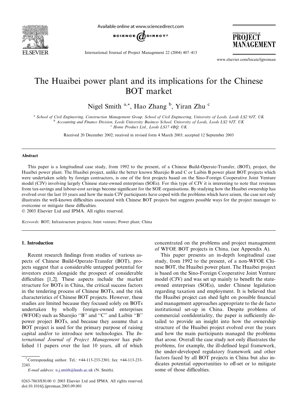 The Huaibei Power Plant and Its Implications for the Chinese BOT Market