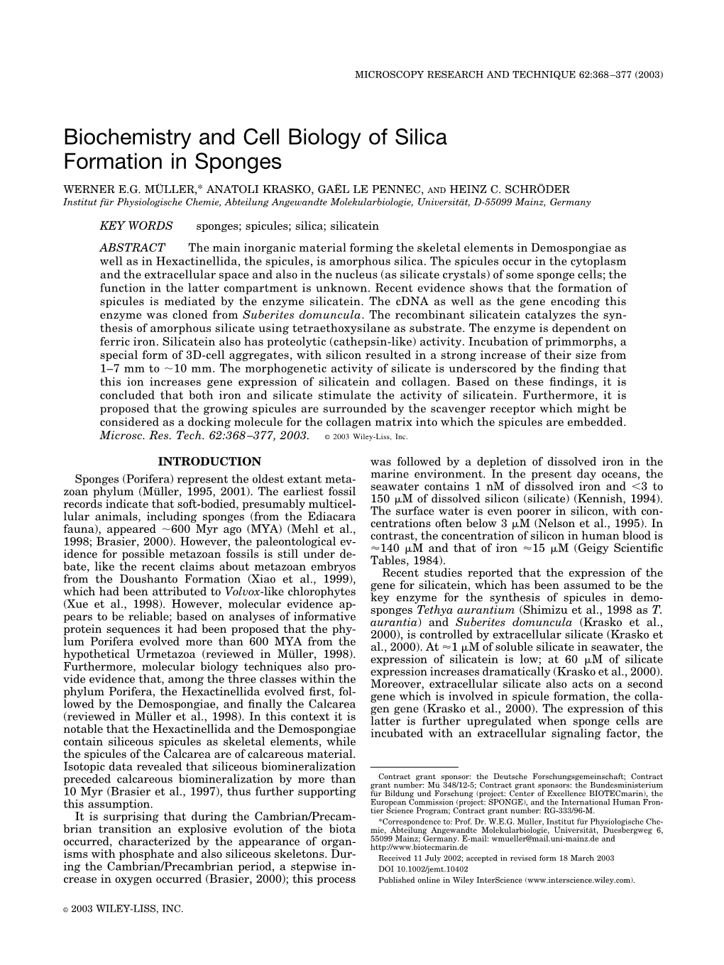 Biochemistry and Cell Biology of Silica Formation in Sponges