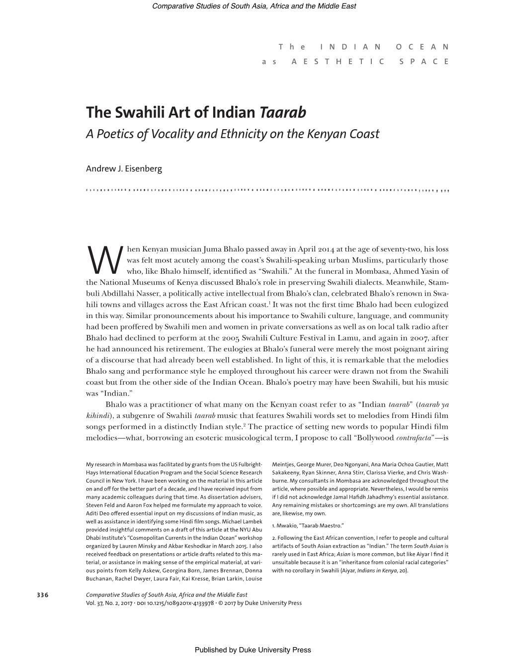 The Swahili Art of Indian Taarab a Poetics of Vocality and Ethnicity on the Kenyan Coast