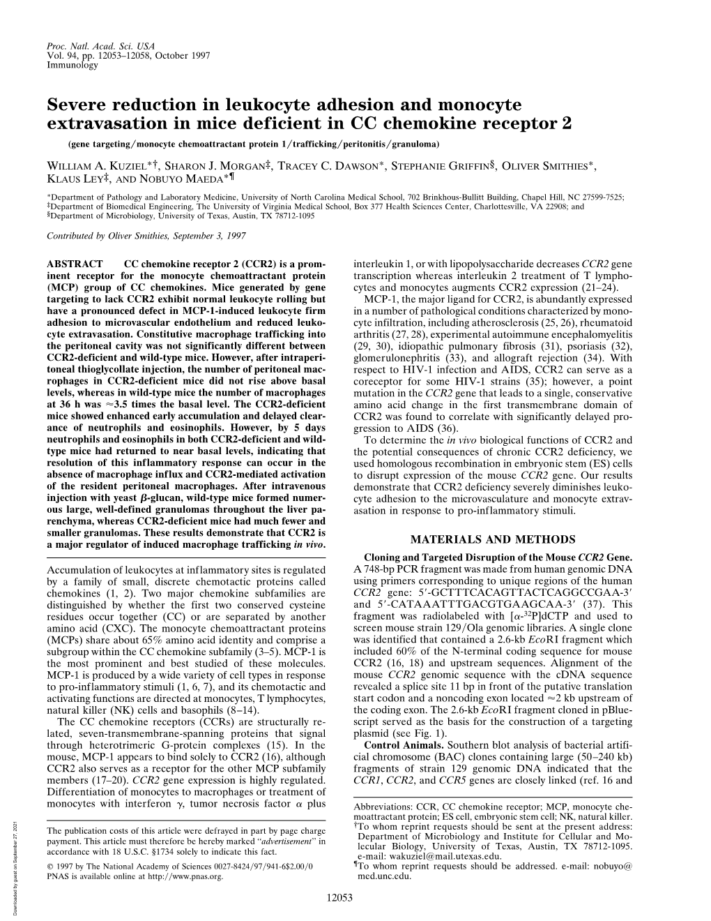 Severe Reduction in Leukocyte Adhesion and Monocyte Extravasation in Mice Deficient in CC Chemokine Receptor 2