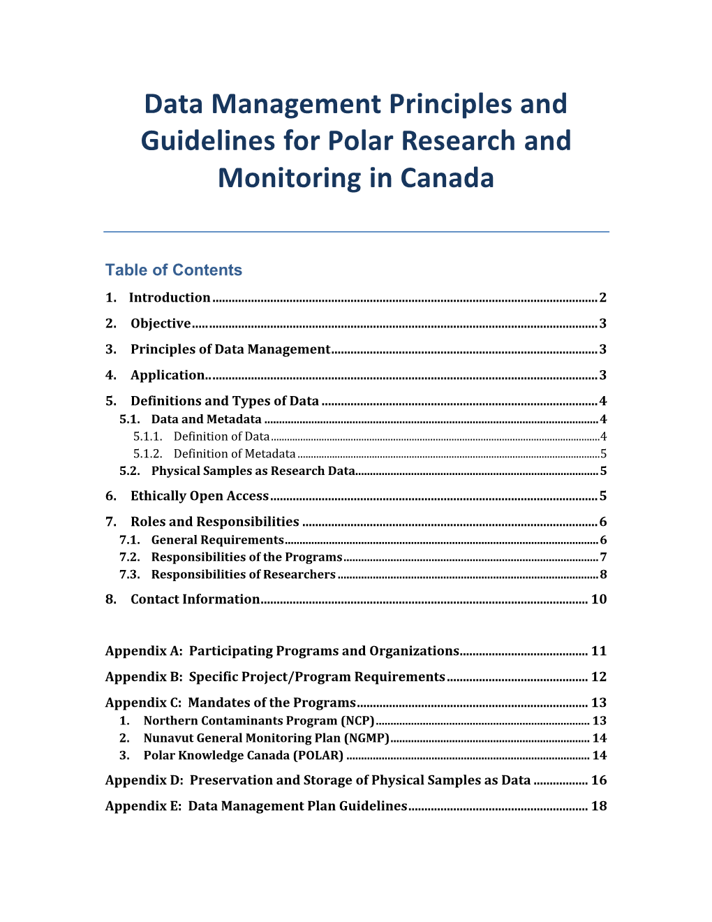 Data Management Principles and Guidelines for Polar Research and Monitoring in Canada