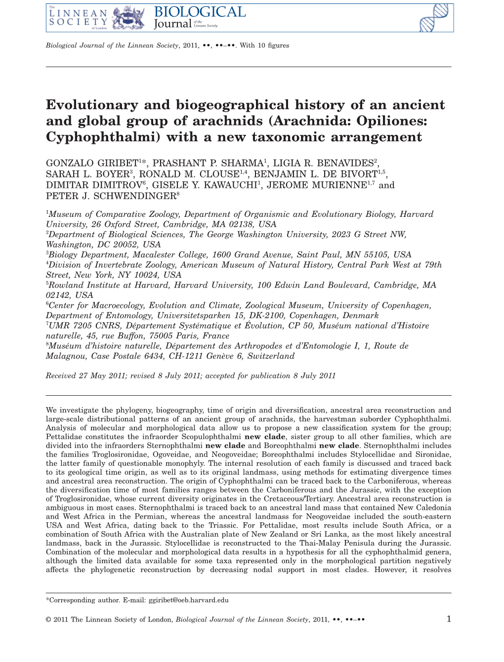 Evolutionary and Biogeographical History of an Ancient and Global Group of Arachnids (Arachnida: Opiliones: Cyphophthalmi) with a New Taxonomic Arrangement
